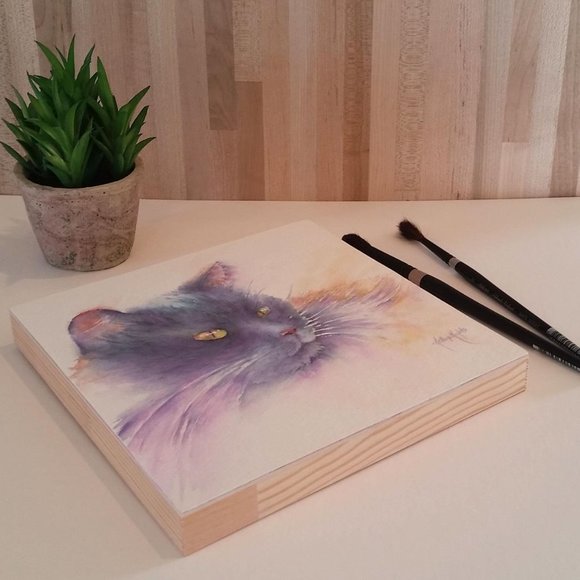 Cat Watercolor Print-Mounted on wood panel. - Picture 2 of 4
